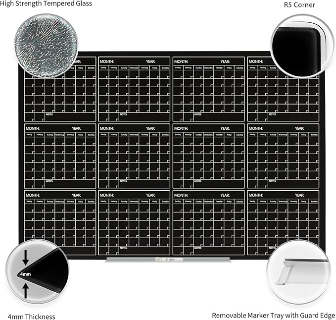 Magnetic Whiteboard Calendar Black Glass Board Yearly Calendar - Image 2
