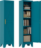 Washsemba 67'' Farmhouse Metal Storage Cabinet with Barn Doors, Steel File Cabinet for Home Office, Kitchen Pantry 4 Adjustable Shelves, Freestanding Cupboard (Peacock Blue)