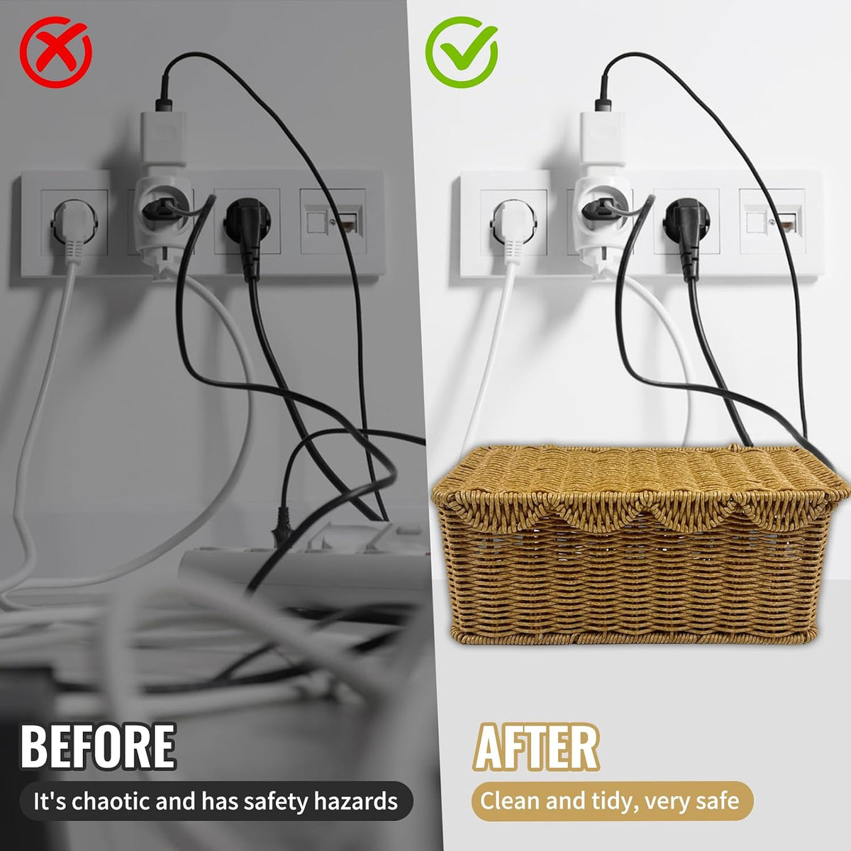 2 Pack Scalloped Edge Cable Management Box Handmade, Plastic Rattan Cable Org...