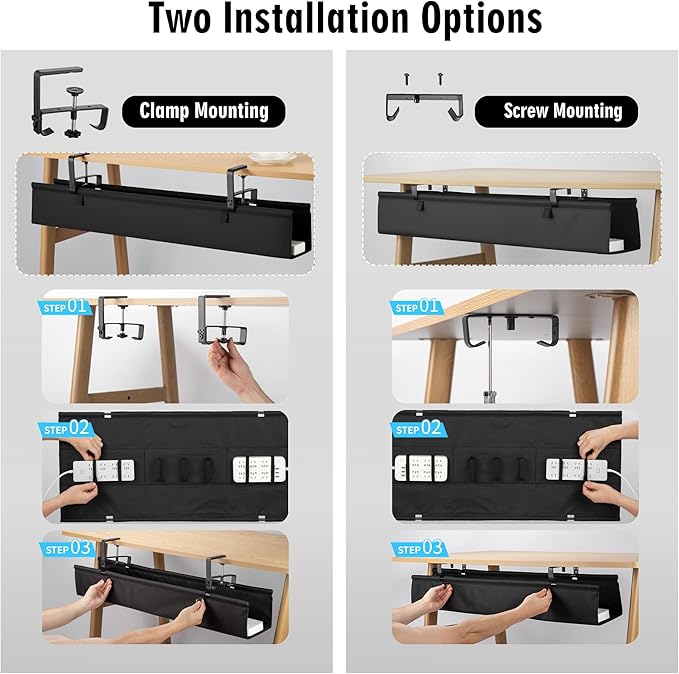 Desk Cable Management Tray, Fabric Cable Organizer, No Drill Large Clamp/Screw - Image 4