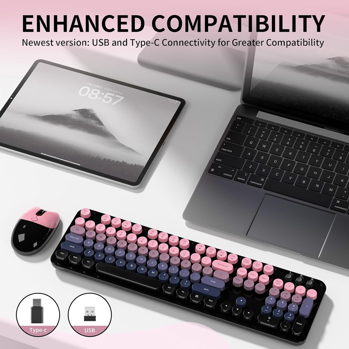 Wireless Keyboard and Mouse, MOFII 104 Round Keycaps Retro Typewriter with OT...