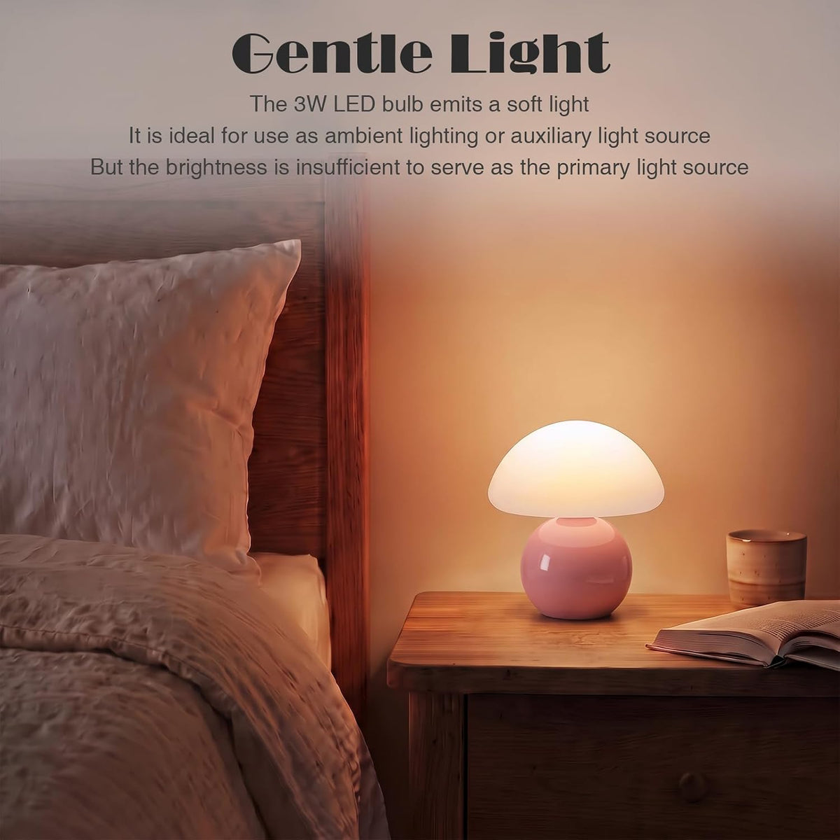 Cute Small Mushroom Lamp, PE Lampshade, Ceramic Base, Adjustable Light Color ...