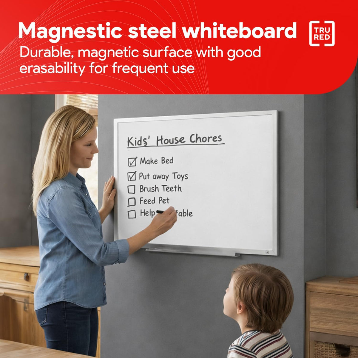 TRU RED Steel Magnetic Whiteboard, Satin Frame, 2 ft x 1.5 ft