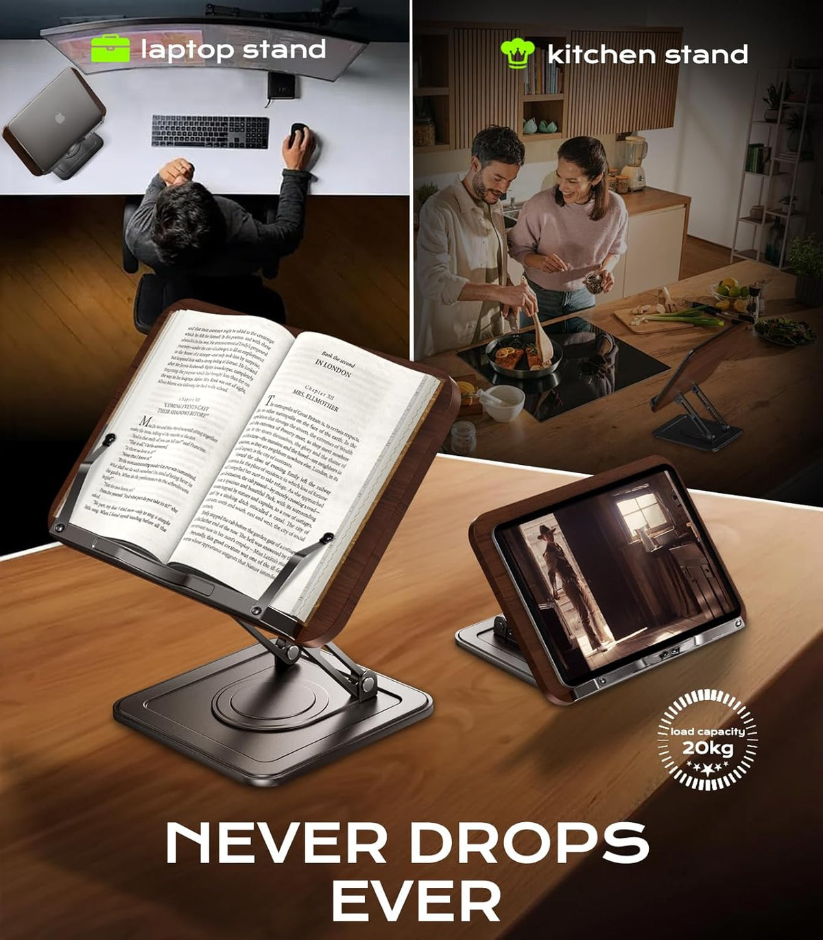 LOXP Book Stand for Reading, 360° Rotating Holder with Page Clip, Ergonomic