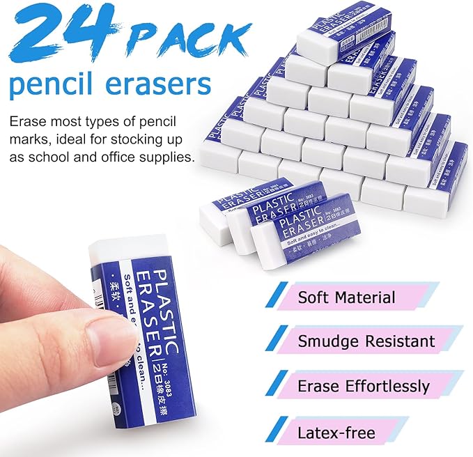 Tamaki 24 Pack Pencil Erasers, Large White Erasers - Image 3