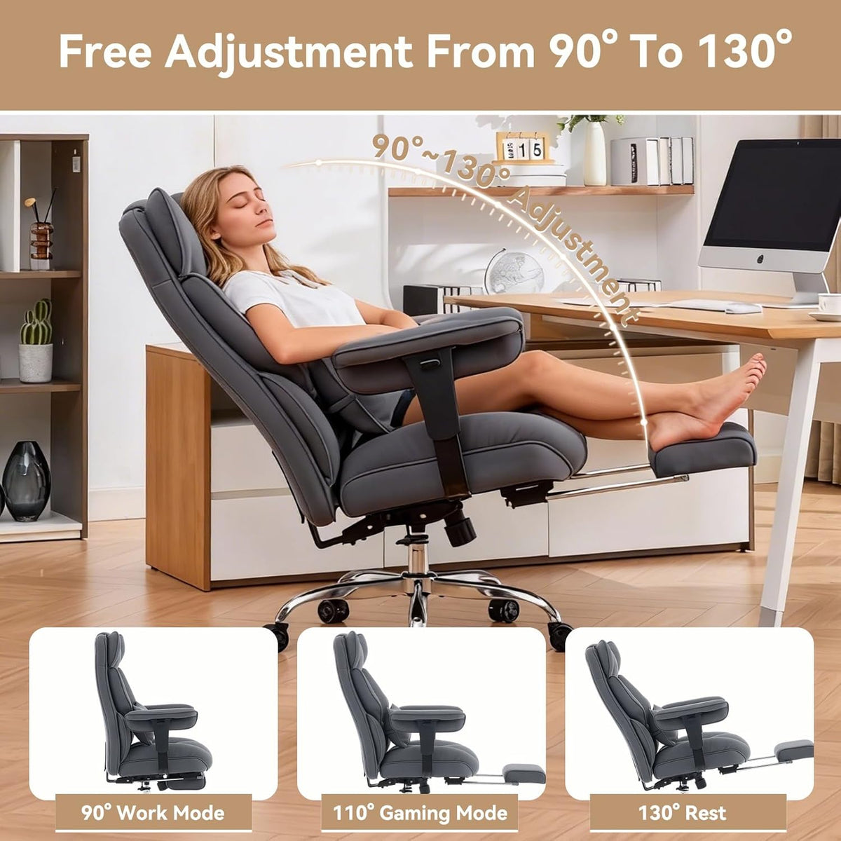 Efomao Executive Office Chair, Bluegrey Fabric Big and Tall Desk Chair