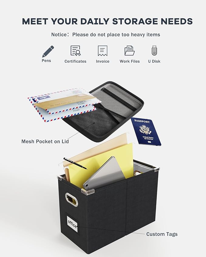 Oterri File Organizer Box with Lid, Hanging Filing File Box with Mesh Pocket - Image 4