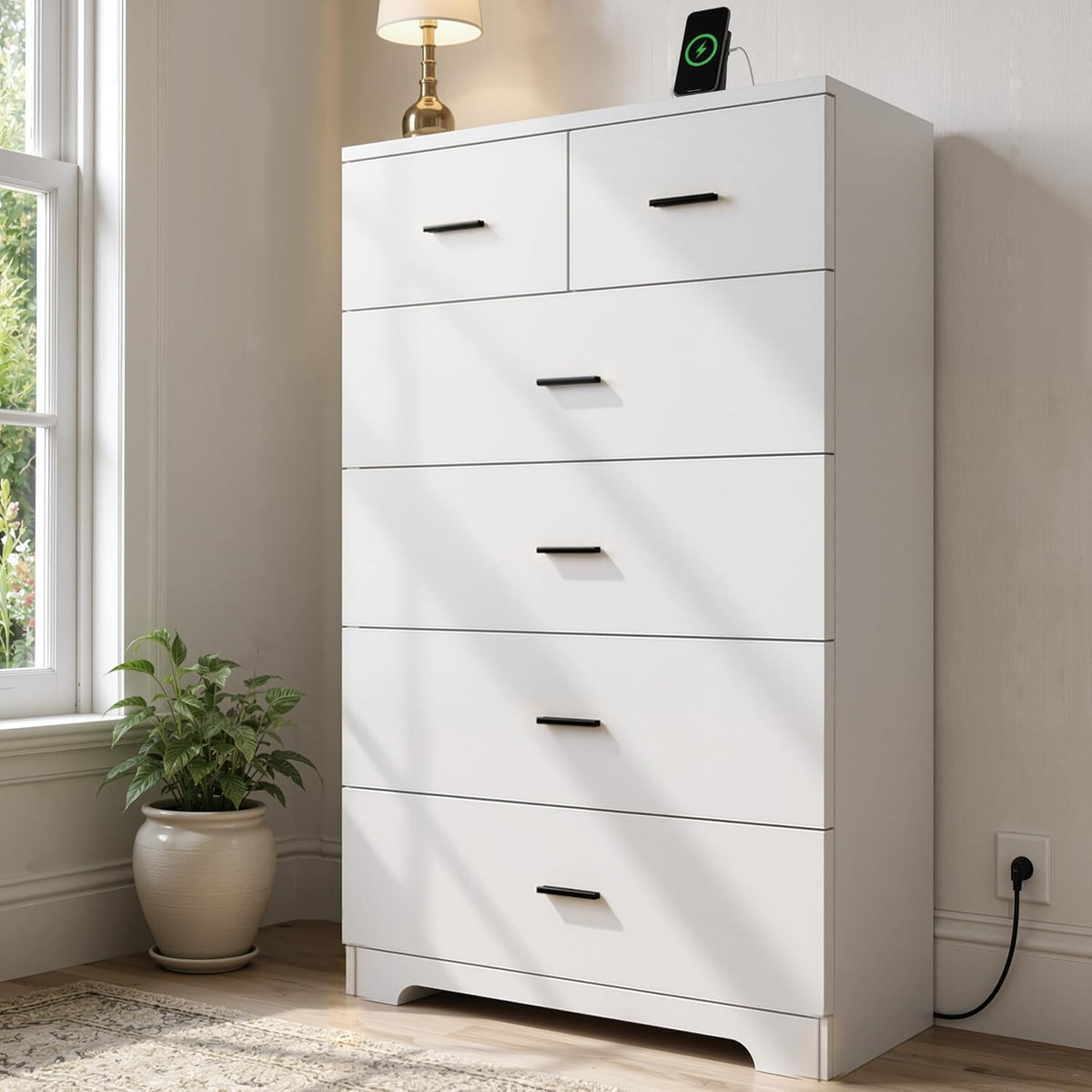 GEPELCN Tall Dresser for Bedroom Wooden 6 Drawer Dresser with Power Outlet Ch...
