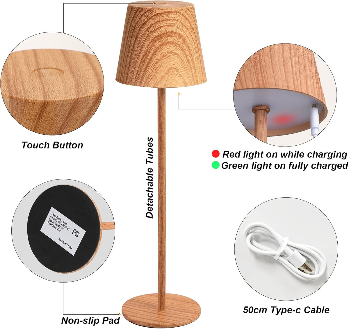 Kakanuo Wood Grain Cordless Table Lamp Rechargeable - 2 Pack 5000mAH Battery ...