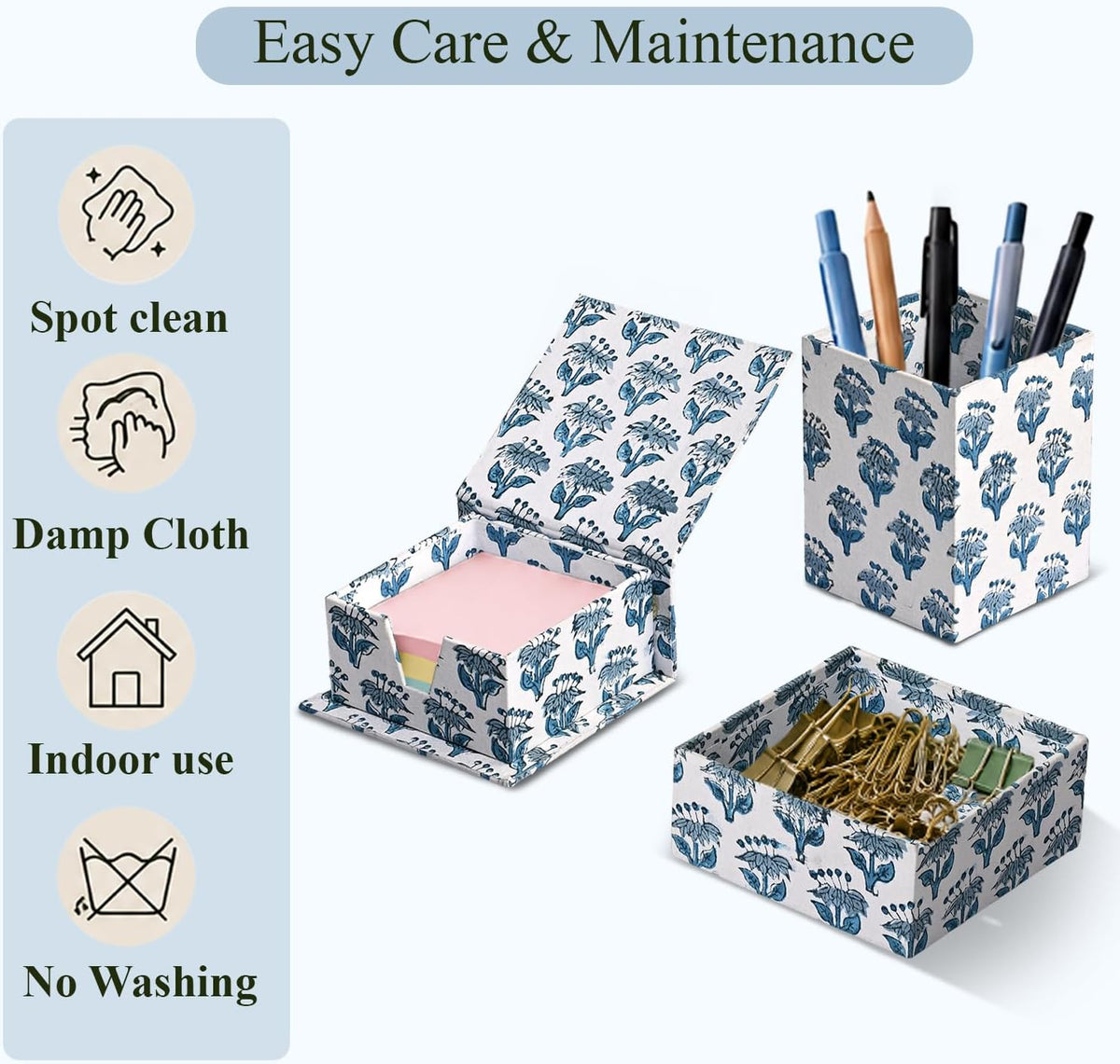 CPC Apatite Blue Block Print Set of 3 Desk Organizer