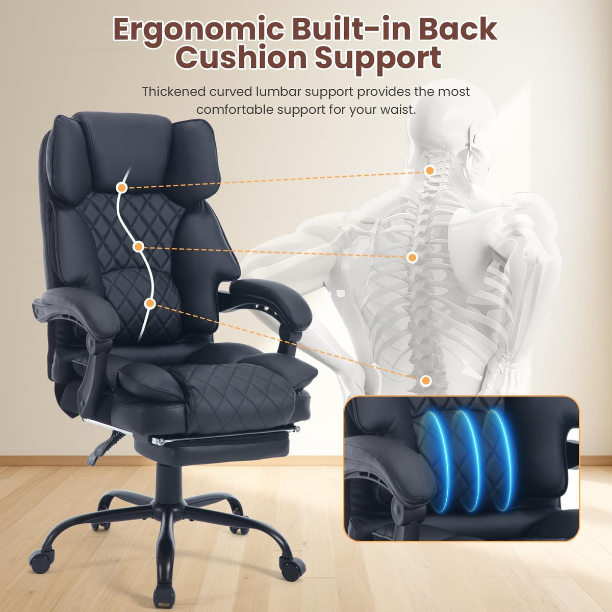 Big Reclining Ergonomic Office Chair with Footrest Black