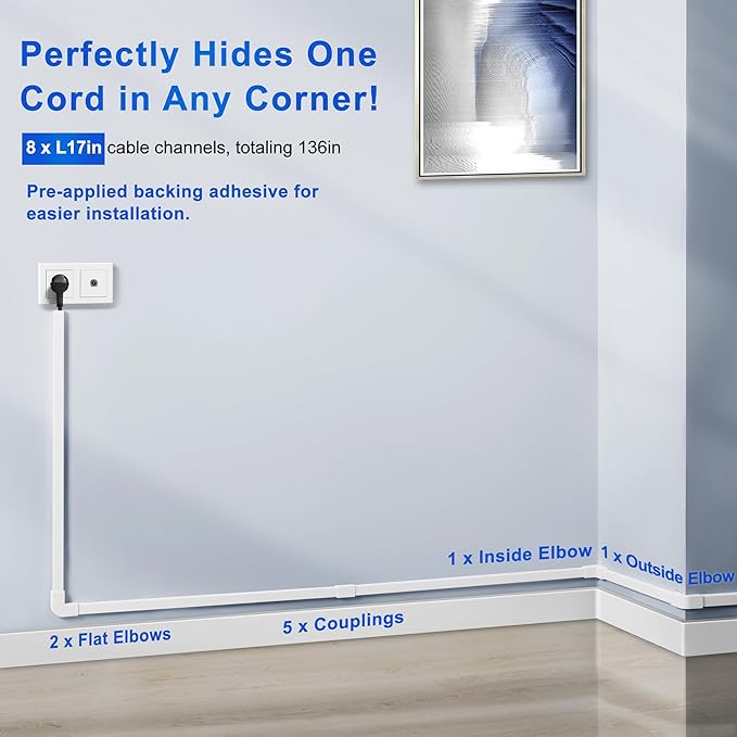 Cord Hider Wall for One Cord, 136in Cord Covers for Wires on Wall, Easy Install - Image 4