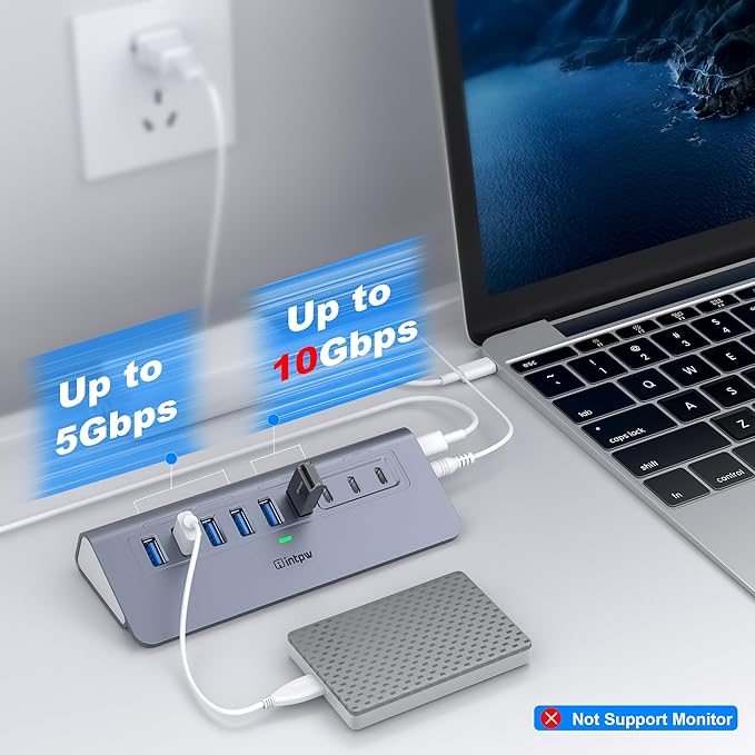 YH6AC Powered USB Hub 10Gbps, intpw 9-Port USB Splitter - Image 3