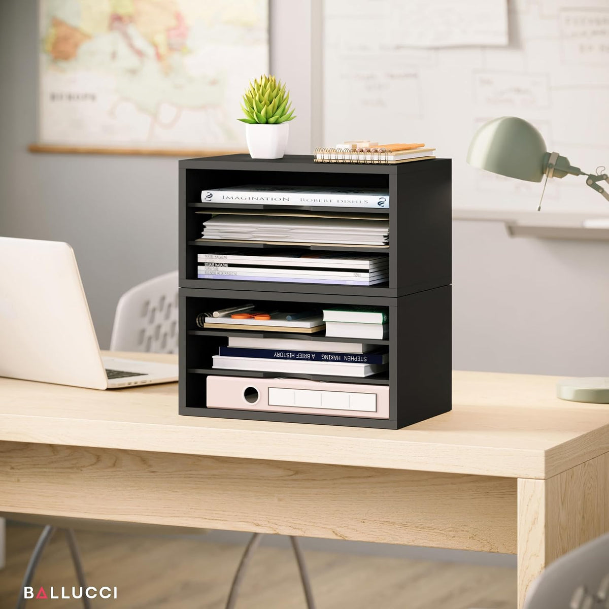 Ballucci File Organizer, 3-Tier Document Paper Sorter, Stackable Wood Desk Or...
