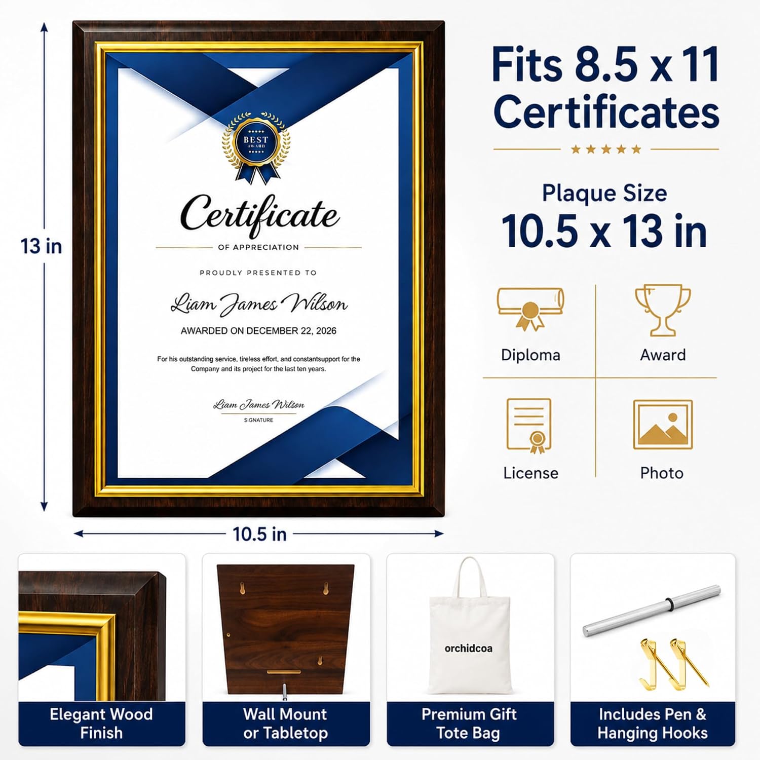 Certificate Plaque Award 8.5 x 11" Cherry Wood Grain, Gold Border | Slide-in acrylic cover,10.5x13 in High density engineered wood, for awards, diplomas, volunteer gifts, family wall, School