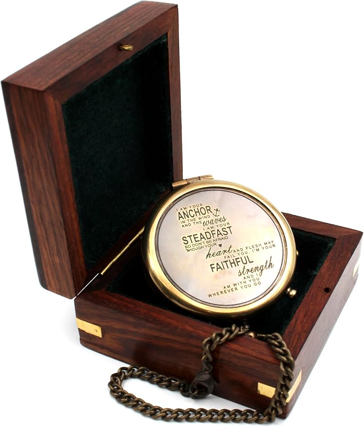 US HANDICRAFTS I Am Your Anchor, Strength Engraved Brass Compass | Portable - Image 4