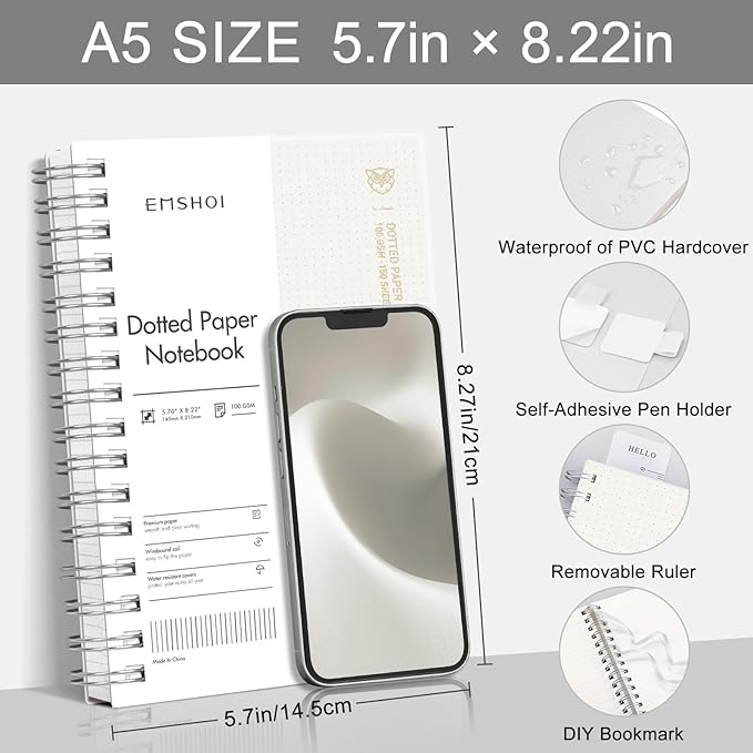 EMSHOI Spiral Notebook Bullet Dotted journal, A5 Dotted Grid Notebook - Image 2