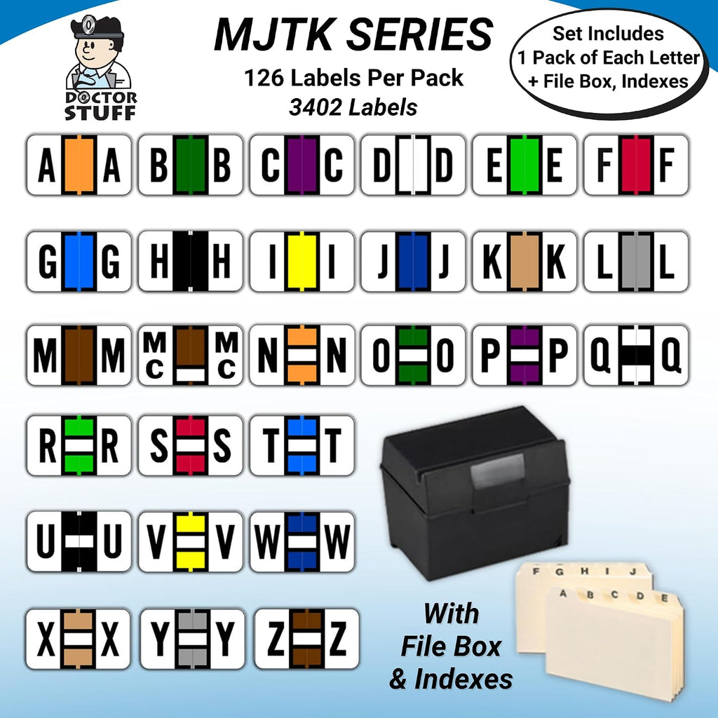 Alphabet Labels for File Folders, A to Z Plus Mc Complete Set with File Box and Indexes, Doctor Stuff, 126 Stickers of Each Letter, 3402 Labels, Jeter JTAM Series Compatible, Medical Chart Labels