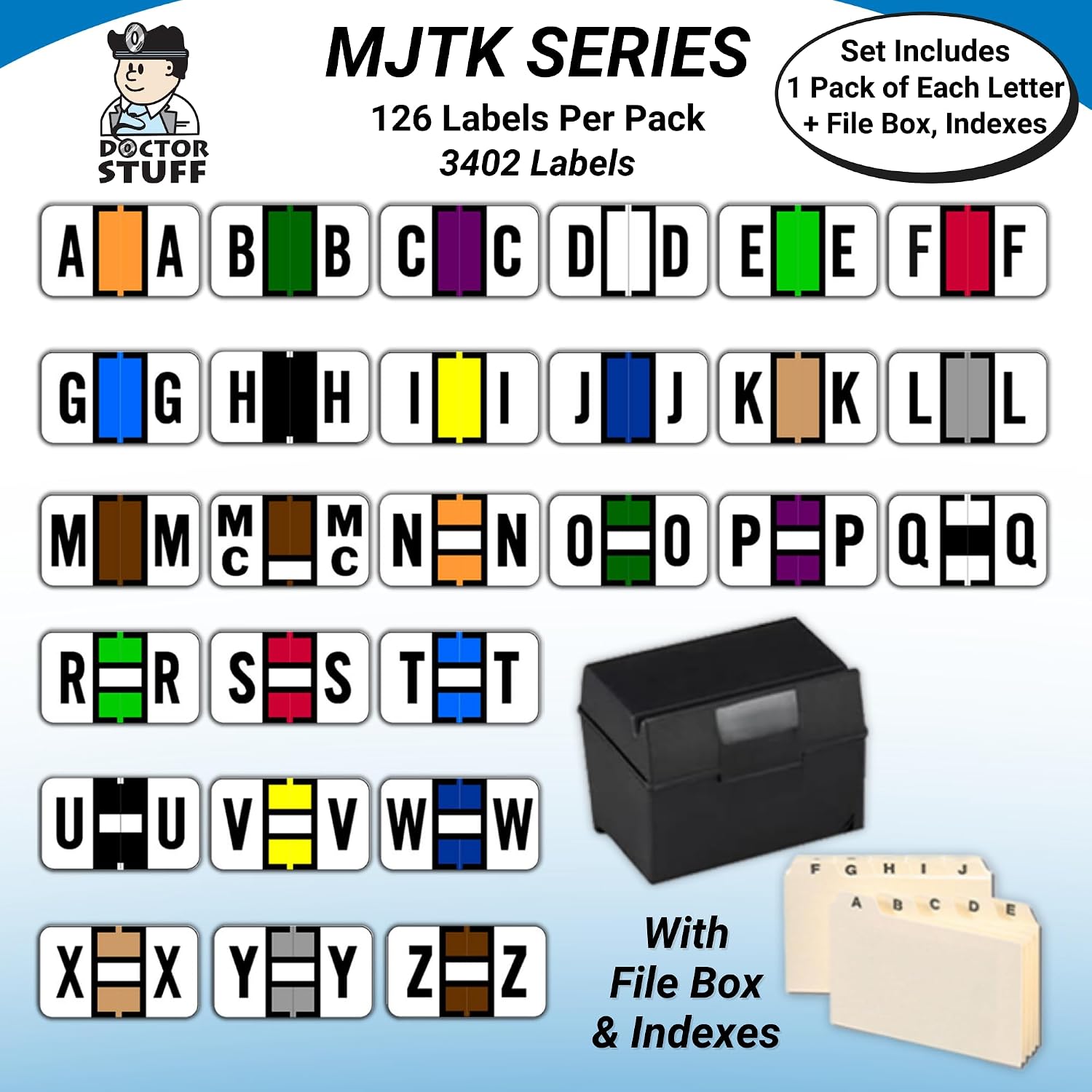 Alphabet Labels for File Folders, A to Z Plus Mc Complete Set with File Box and Indexes, Doctor Stuff, 126 Stickers of Each Letter, 3402 Labels, Jeter JTAM Series Compatible, Medical Chart Labels