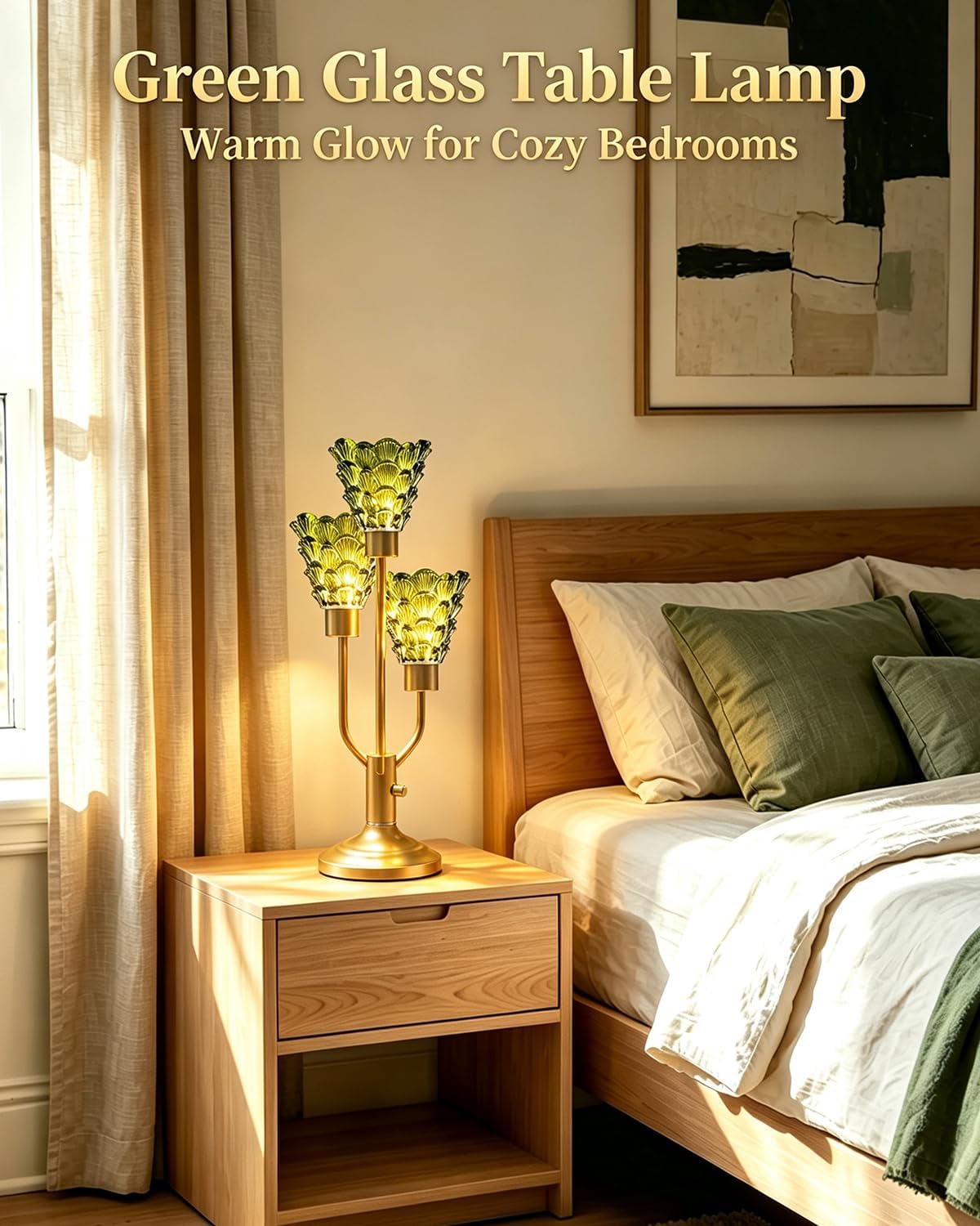 Green Glass Mid Century Modern Table Lamp Dimmable 3 Bulbs Included