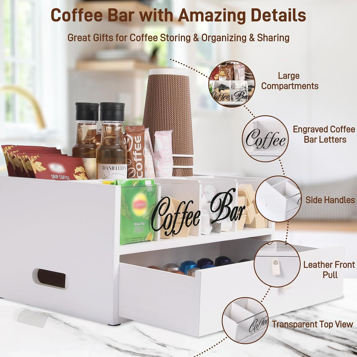 2-Tier Coffee Bar Organizer with Clear Acrylic Top, Built-in Drawer and Leath...