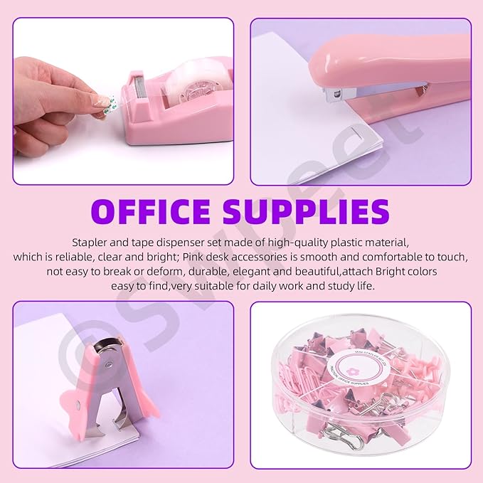 Swpeet 9Pcs Pink Office Supplies Kit, Desk Accessories Including Stapler - Image 5