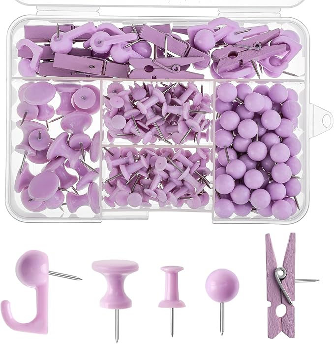 200 Pieces Push Pins Set, 5 Types Purple Thumb Tacks Cute Decorative Push Pins by BESARME