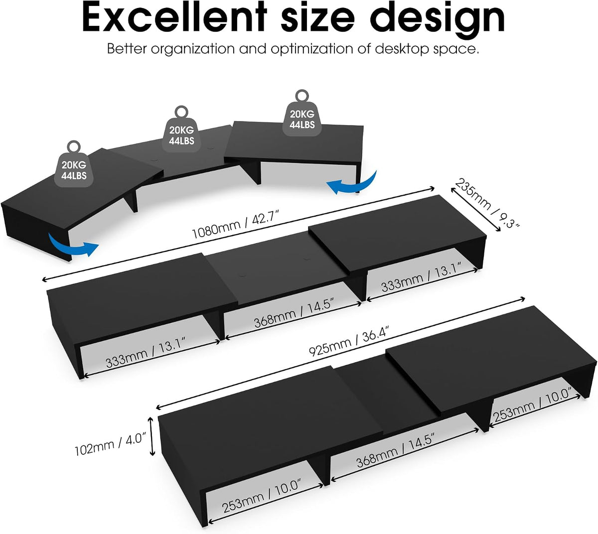 FITUEYES Dual Monitor Stand Riser, Adjustable Length and Angle, Black