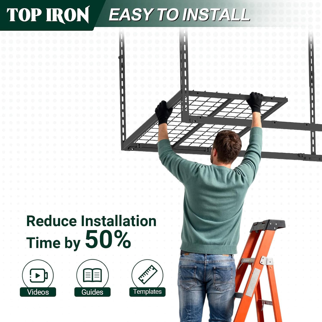 3x8 ft overhead garage storage rack,750lbs weight capacity, side view