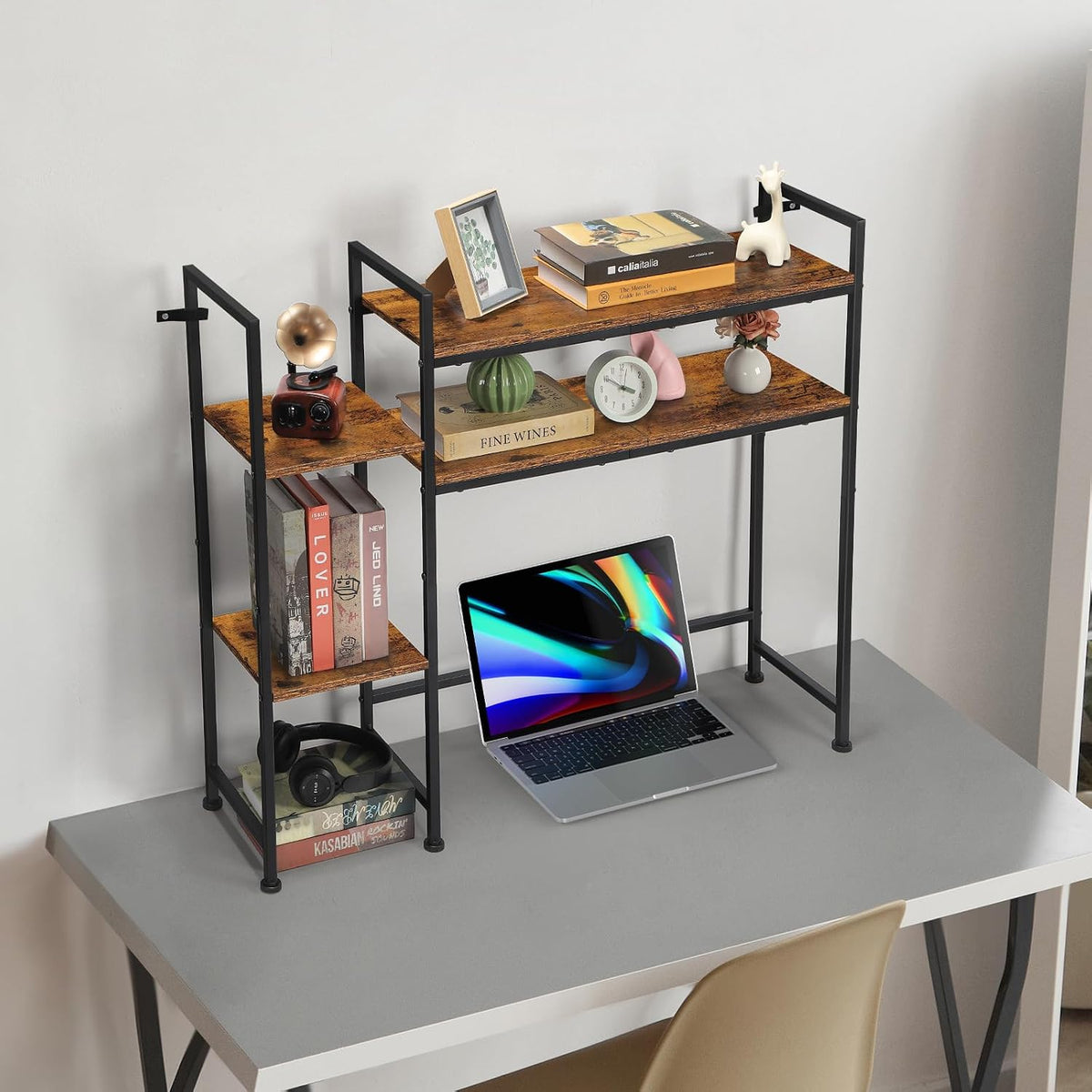 YBING Desktop Bookshelf, 4 Tier Desk Hutch Dorm Wood, Rustic Brown