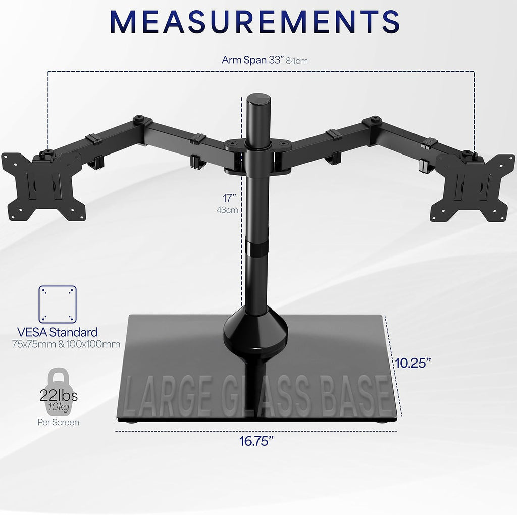 vivo freestanding dual monitor stand with sleek glass, side view