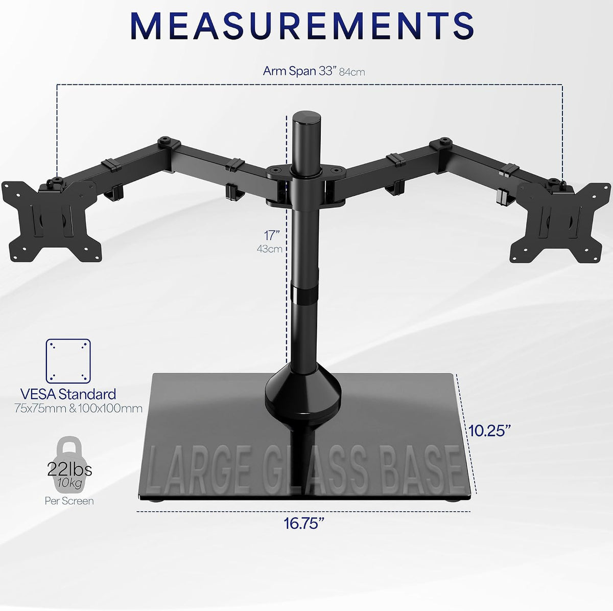 vivo freestanding dual monitor stand with sleek glass, side view