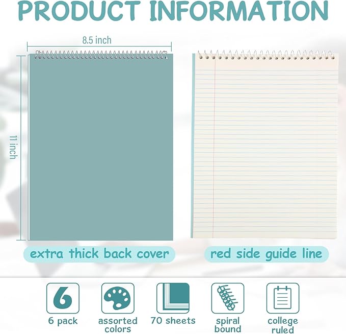 Maitys 6 Pcs Legal Pad Steno Spiral Notebook 8.5" x 11" Top Bound Spiral Pads - Image 2