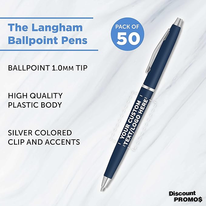 DISCOUNT PROMOS Custom Langham Ballpoint Pens Set of 50, Personalized Bulk Pack - Image 3