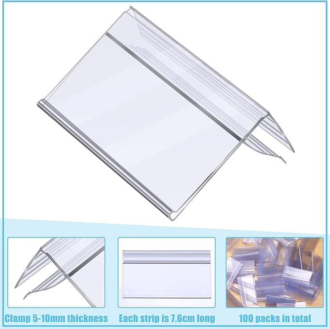 Qunclay 200 Pcs Shelf Label Holder Glass Wood 1.25 x 3 Inches Clear Plastic - Image 2