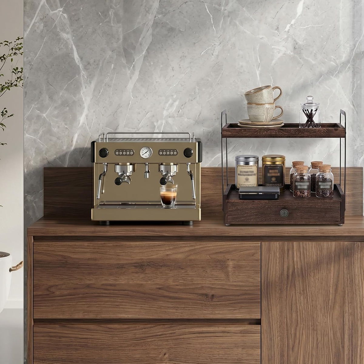 2-Tier Bathroom Counter Organizer with Drawer, Wooden Vanity Countertop Organ...