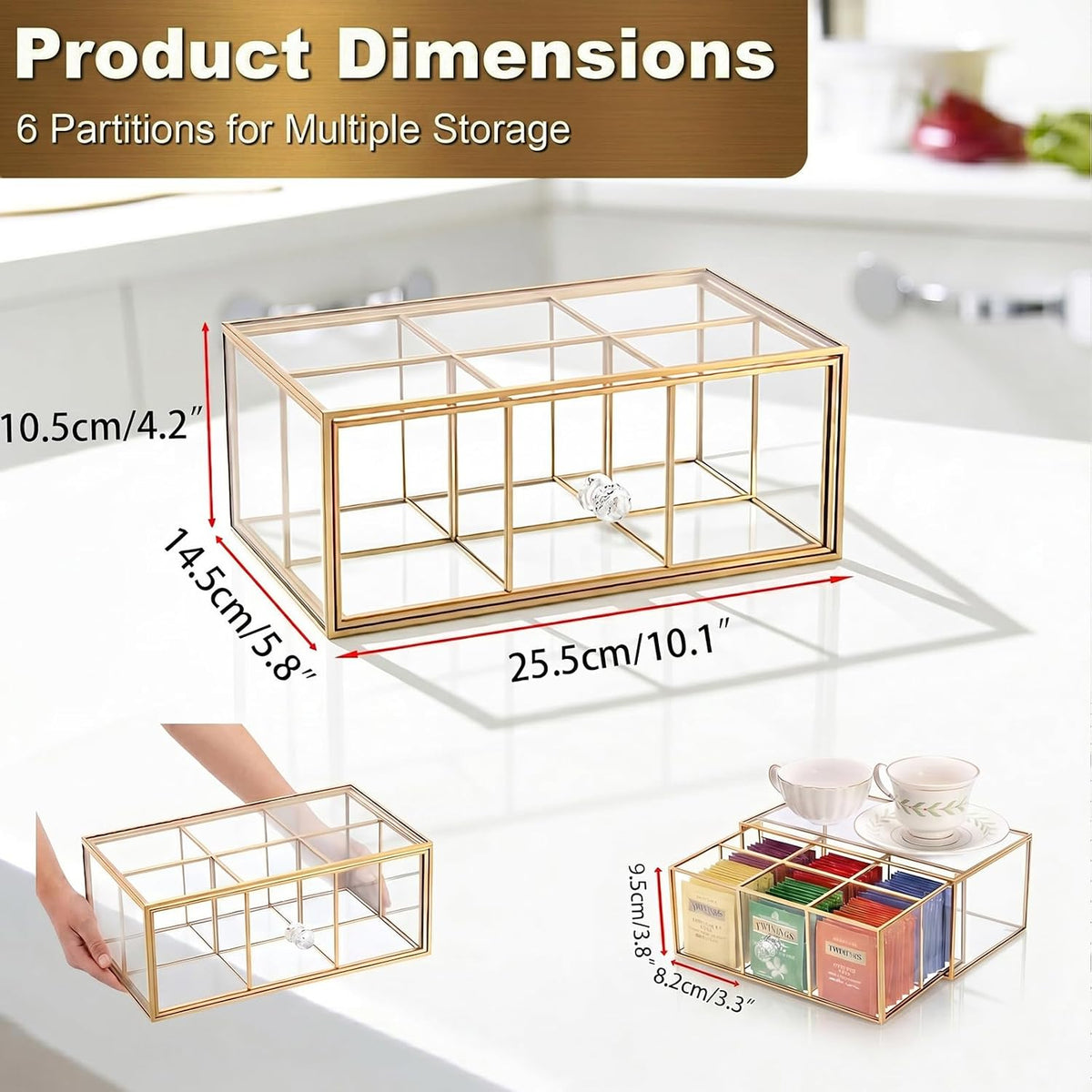 Glass Tea Bag Organizer with Drawer, Clear Teabag Holder Counter