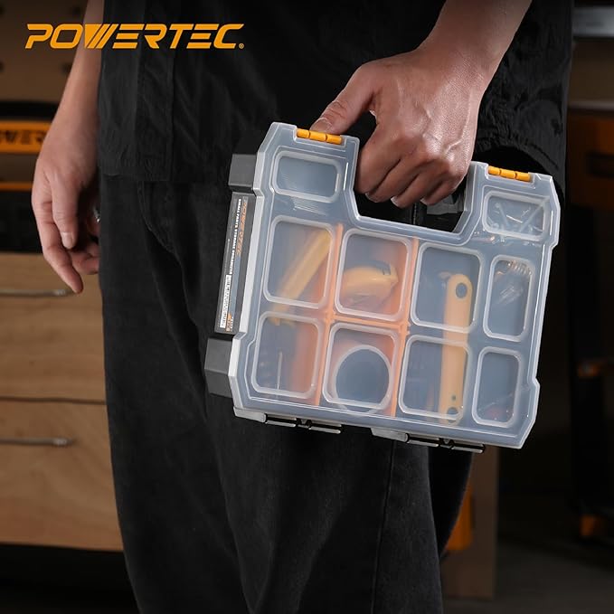 POWERTEC Small Parts Organizer & Tool Box – 10 Compartments, Stackable Storage - Image 6
