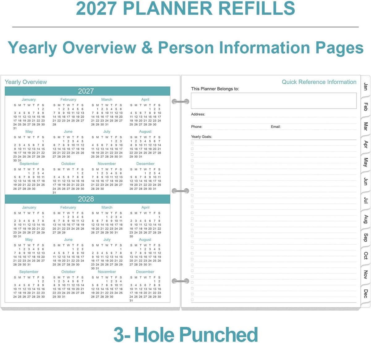 2027 Planner Refill - One Page Per Day, 3-Hole Daily ＆ Monthly Planner Refill...