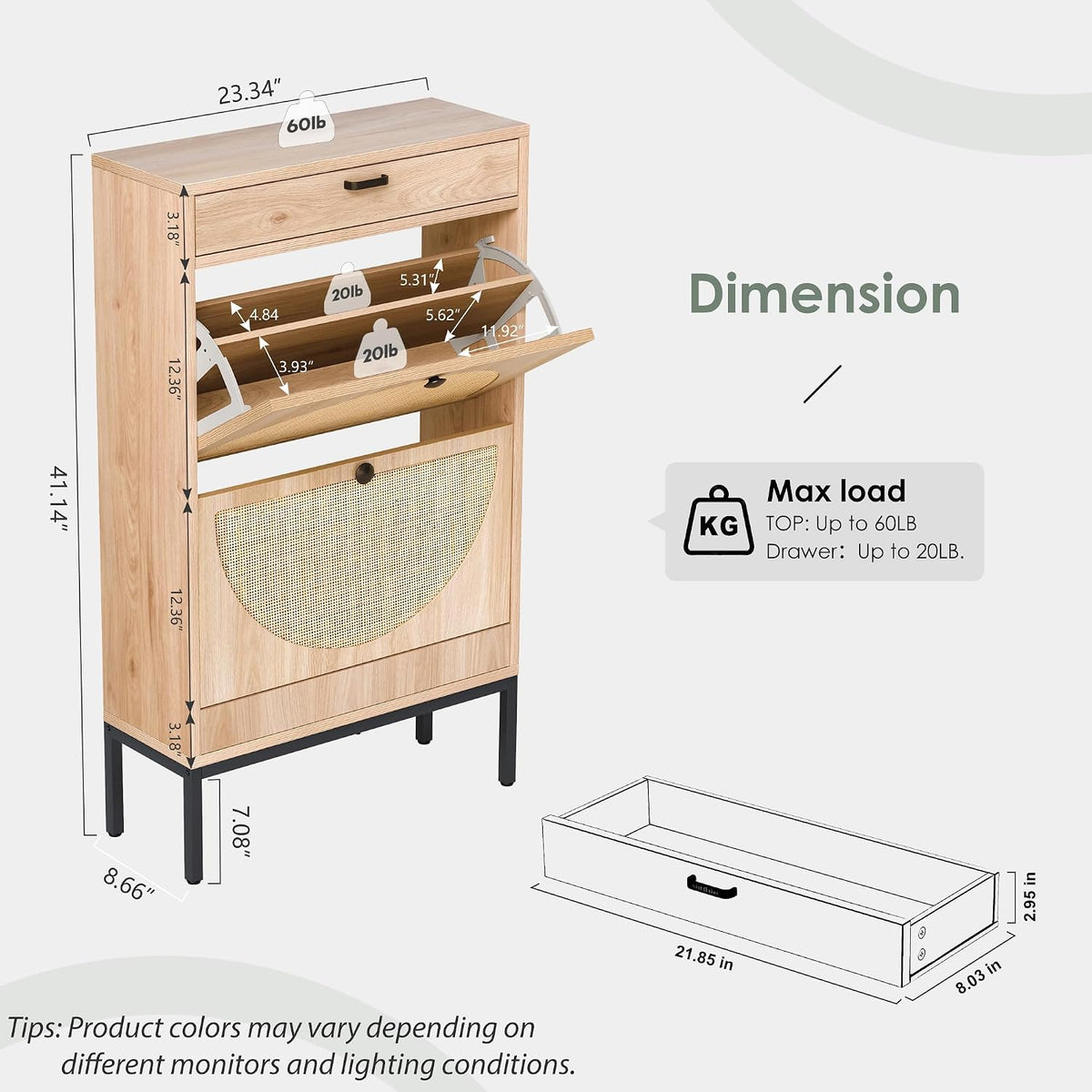 Yechen Shoe Rack Storage Organizer with 2 Natural Semi-Circular Rattan Doors,...