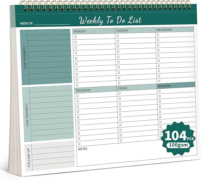 ALKALO 104 Pgs Weekly To Do List Notepad, 52 Duplex-Printed Undated Sheets 100 by ALKALO