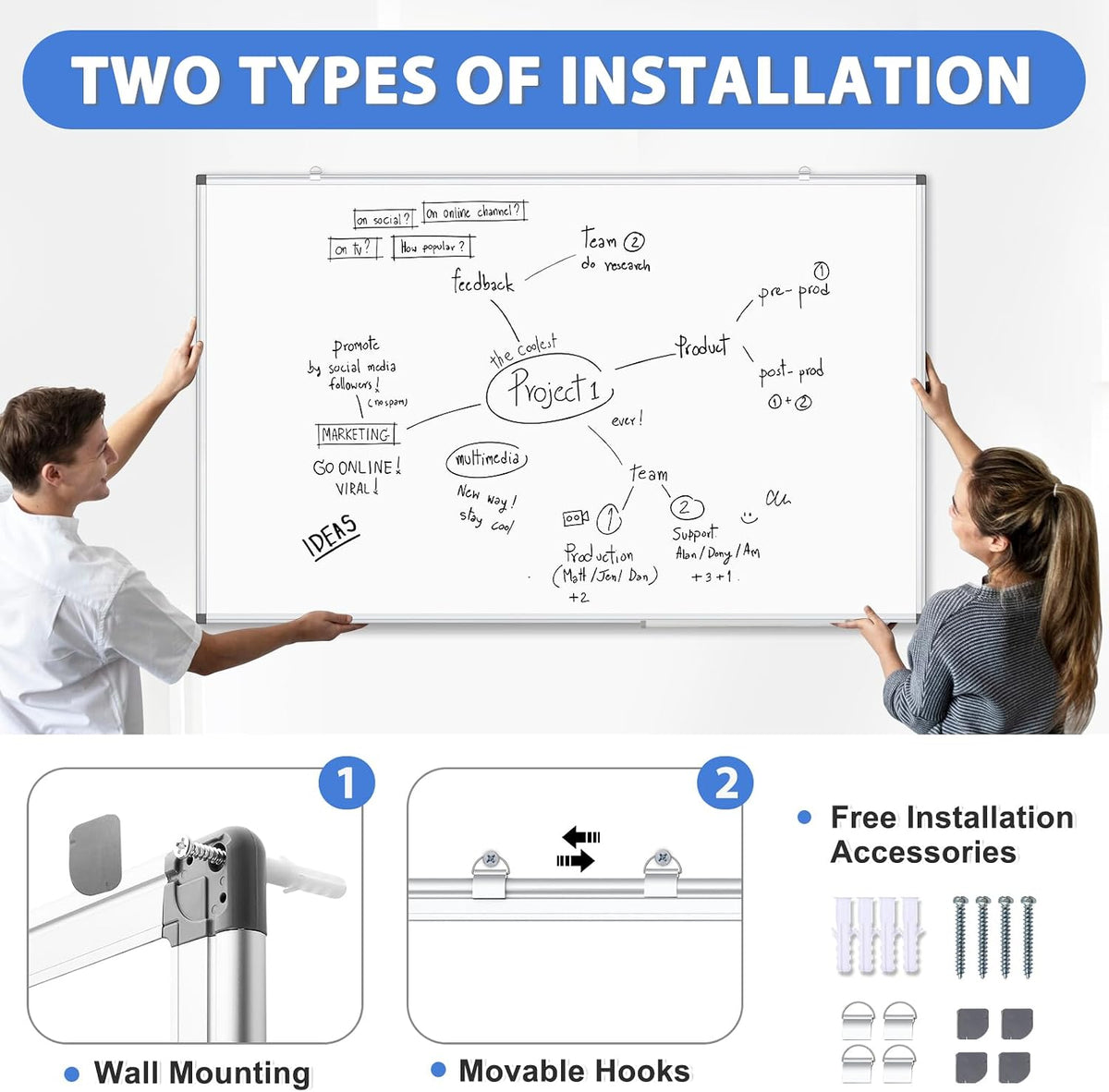 Double-Sided White Board Dry Erase Magnetic Whiteboard Wall 72x40 Large