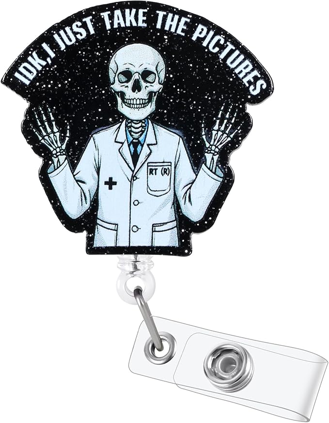 IDK, I Just Take The Pictures Funny Radiology Skeleton Nurse Badge Reel by LINAYOHA