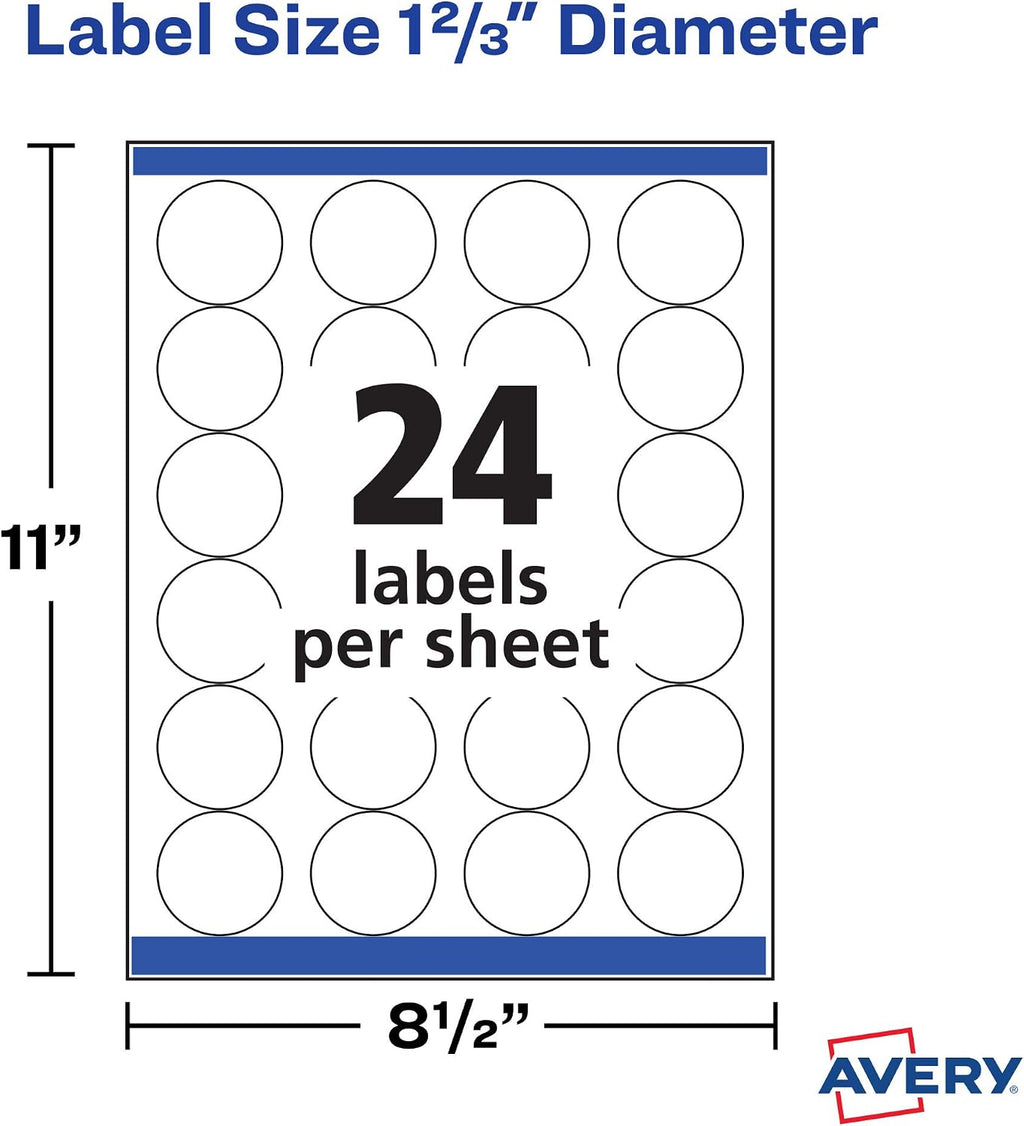 Avery White High Visibility Round Labels with Sure Feed, Permanent, 1-2/3", 2 Pack, 1,200 Labels Total (32135)
