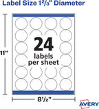 Avery White High Visibility Round Labels with Sure Feed, Permanent, 1-2/3", 2 Pack, 1,200 Labels Total (32135)