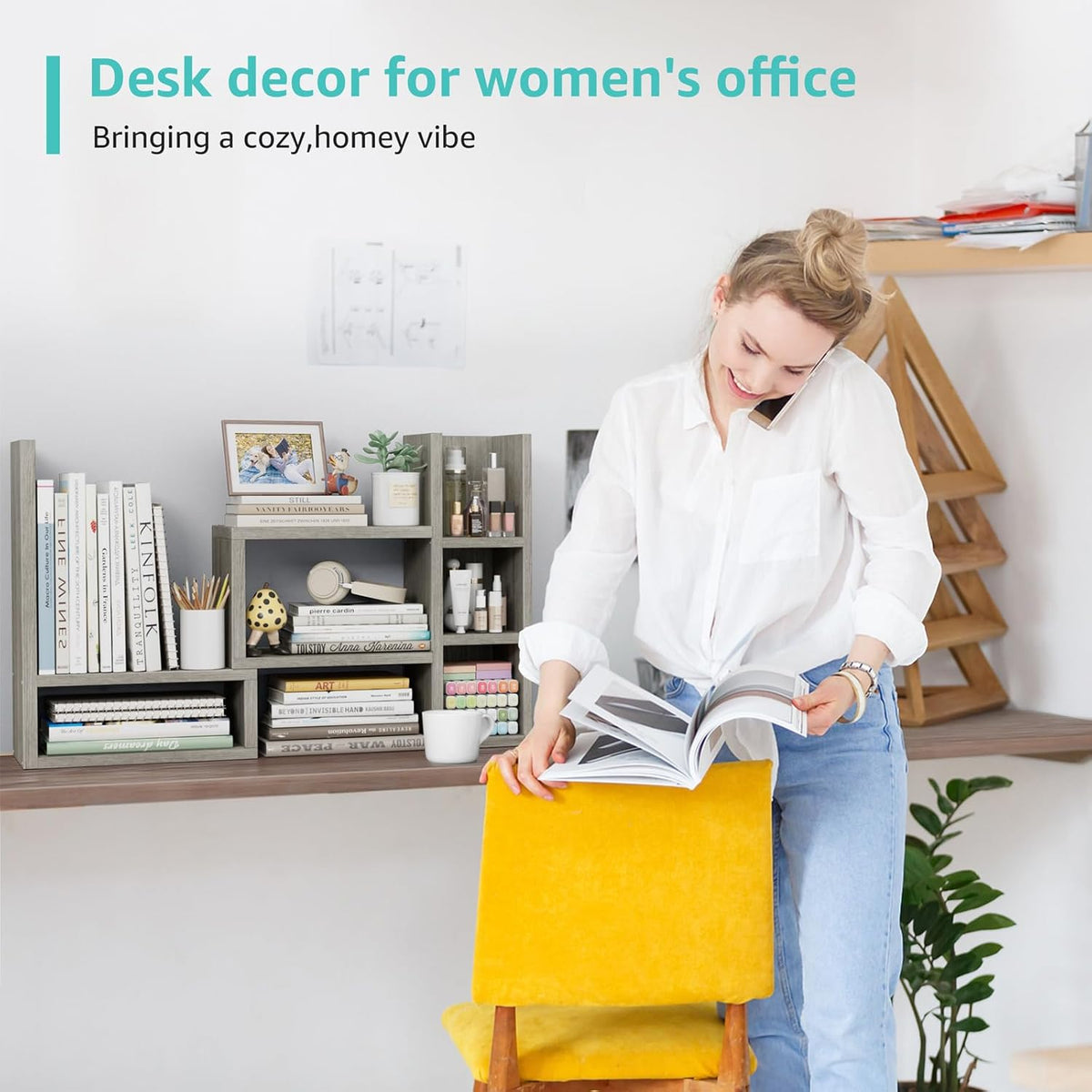 NUTIKAS Desk Shelves Desktop Organizer Shlef - Grey Office Organization for T...