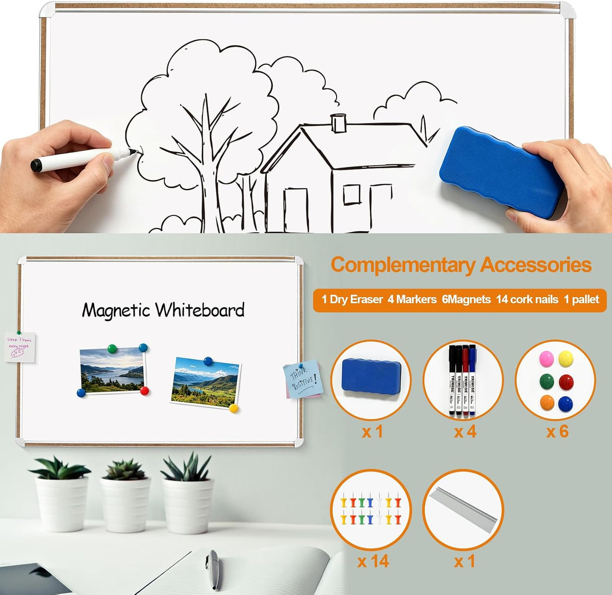 Large Magnetic White Board for Wall,Aluminum & Cork Strip Frame Whiteboar...