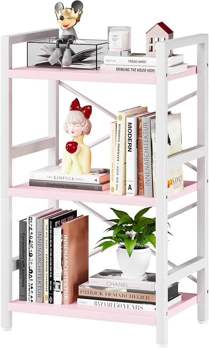 Homeiju Pink Bookshelf, 3 Tier Industrial Bookcase, Metal Small Bookcase by Homeiju