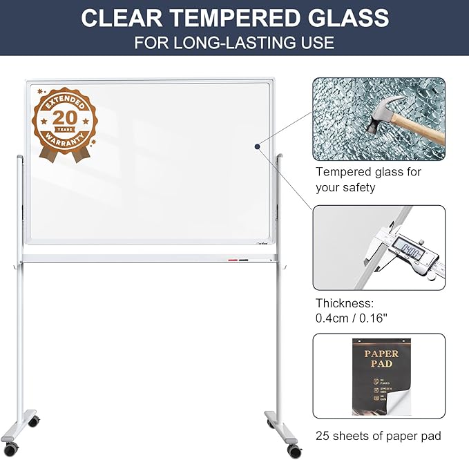 Mobile Clear Glass Whiteboard, 48 x 32 Inches Standing White Board on Wheels - Image 3