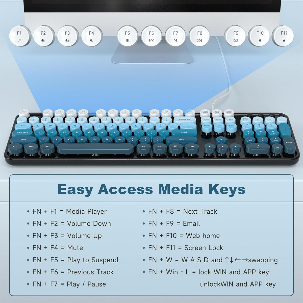 MOFII Computer Keyboard Wired,Round Key Retro Typewriter Keyboard Full Size